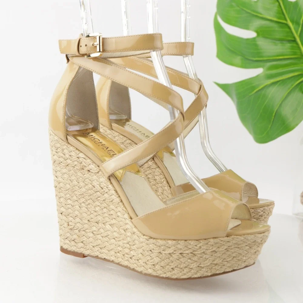 Michael Kors Womens Gabriella Sandal Size 8.5 Tan Patent Espadrille Wedge Shoes